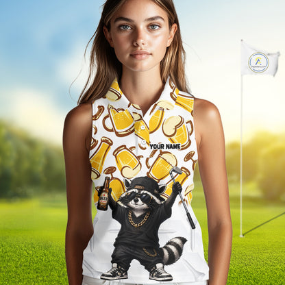 Funny Raccoon Beer Womens Sleeveless Golf Polo Shirt Personalized Name Custom Golf Shirt