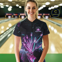 Load image into Gallery viewer, Woman wearing a custom bowling shirt with a colorful design and 'Your Name' text in a bowling alley.