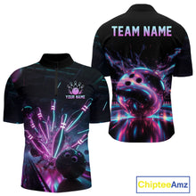 Load image into Gallery viewer, Bowling shirt with colorful design and customizable text on a white background