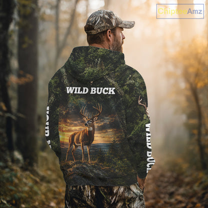 Personalized Wild Buck Deer Hunting Shirt, Camouflage Woodland Wildlife Graphic Apparel NHT1630