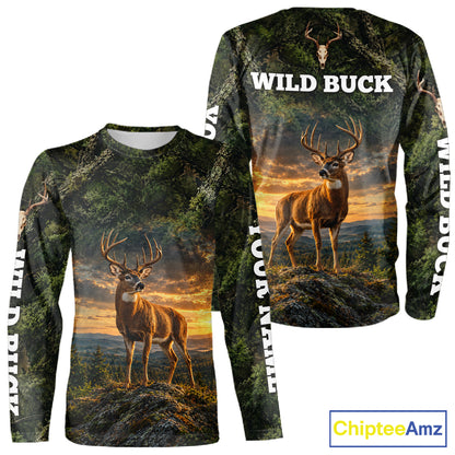 Personalized Wild Buck Deer Hunting Shirt, Camouflage Woodland Wildlife Graphic Apparel NHT1630