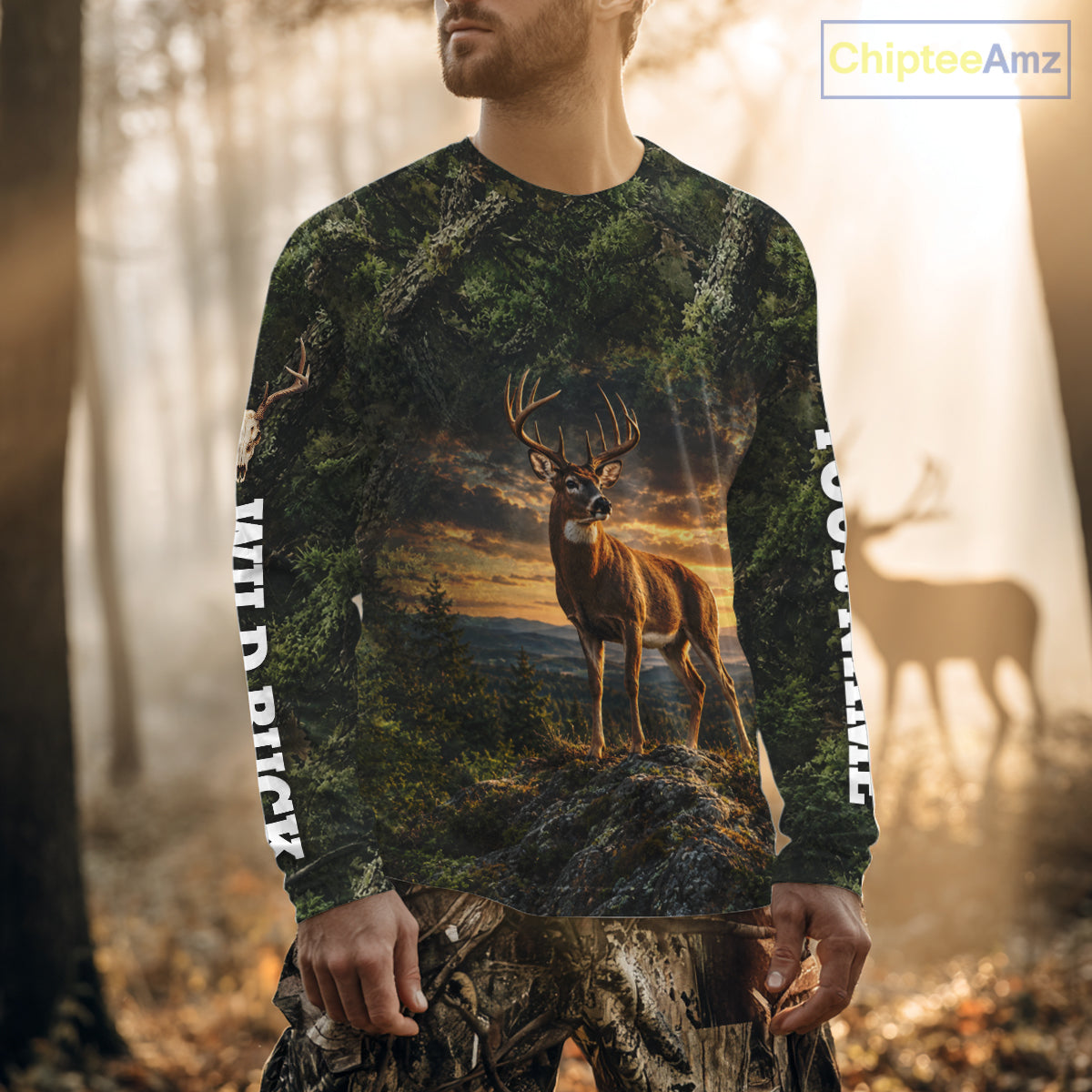 Personalized Wild Buck Deer Hunting Shirt, Camouflage Woodland Wildlife Graphic Apparel NHT1630