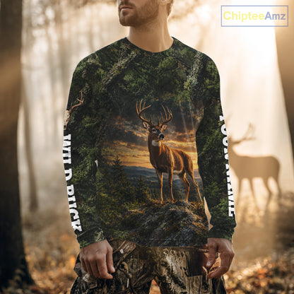 Personalized Wild Buck Deer Hunting Shirt, Camouflage Woodland Wildlife Graphic Apparel NHT1630