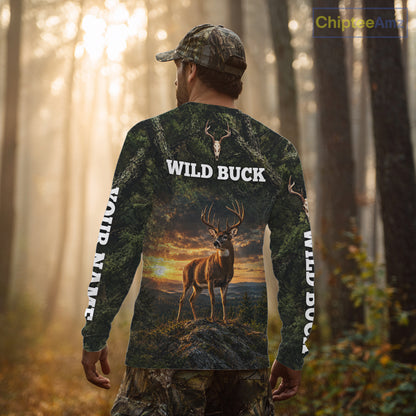 Personalized Wild Buck Deer Hunting Shirt, Camouflage Woodland Wildlife Graphic Apparel NHT1630