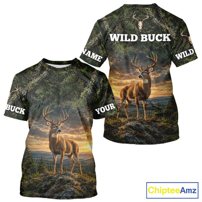 Personalized Wild Buck Deer Hunting Shirt, Camouflage Woodland Wildlife Graphic Apparel NHT1630