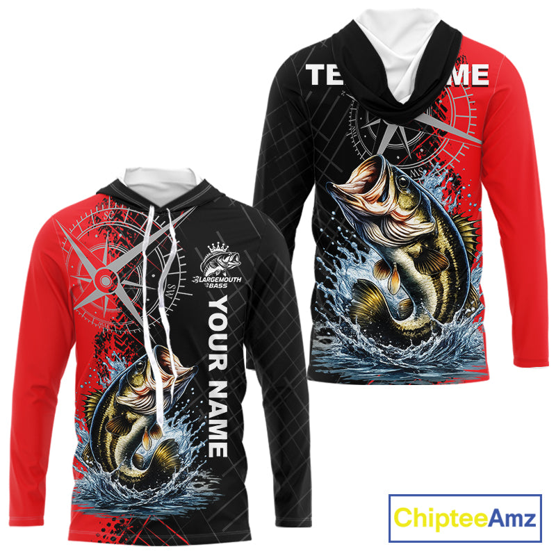 Personalized Bass Hooded Performance Fishing Shirts , Red Camo Bass Compass Tournament Shirts NHT495