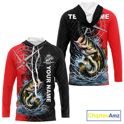 Personalized Bass Hooded Performance Fishing Shirts , Red Camo Bass Compass Tournament Shirts NHT495