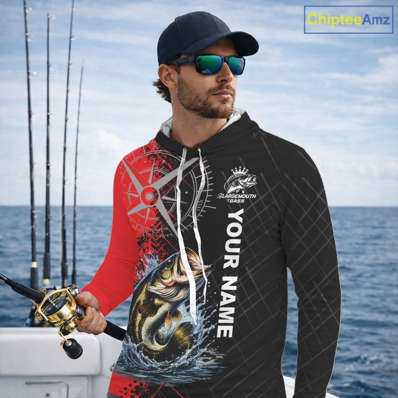 Personalized Bass Hooded Performance Fishing Shirts , Red Camo Bass Compass Tournament Shirts NHT495