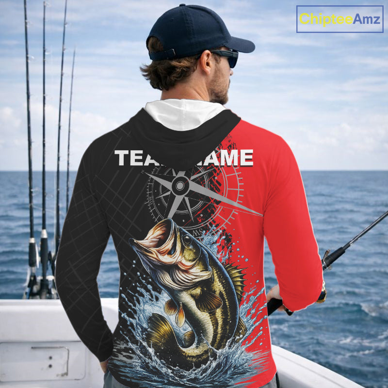 Personalized Bass Hooded Performance Fishing Shirts , Red Camo Bass Compass Tournament Shirts NHT495