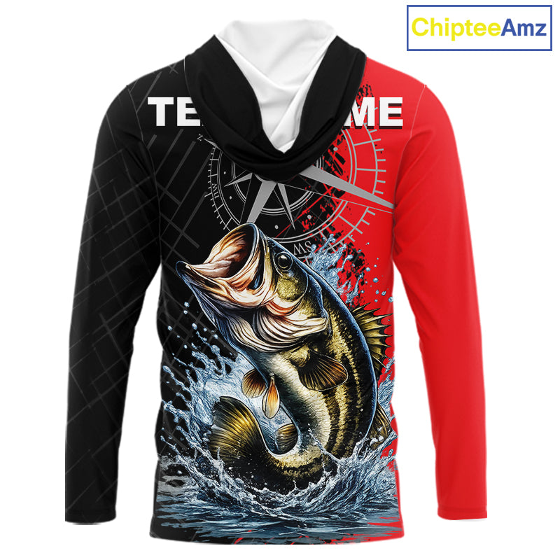 Personalized Bass Hooded Performance Fishing Shirts , Red Camo Bass Compass Tournament Shirts NHT495