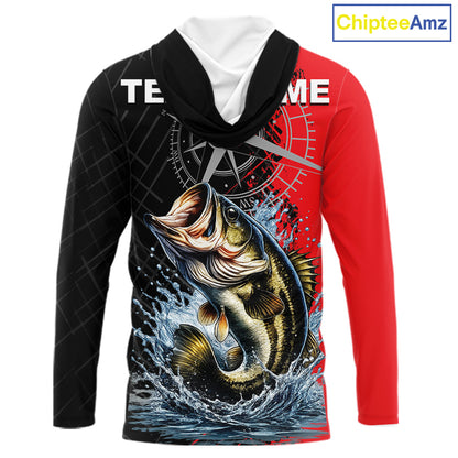 Personalized Bass Hooded Performance Fishing Shirts , Red Camo Bass Compass Tournament Shirts NHT495