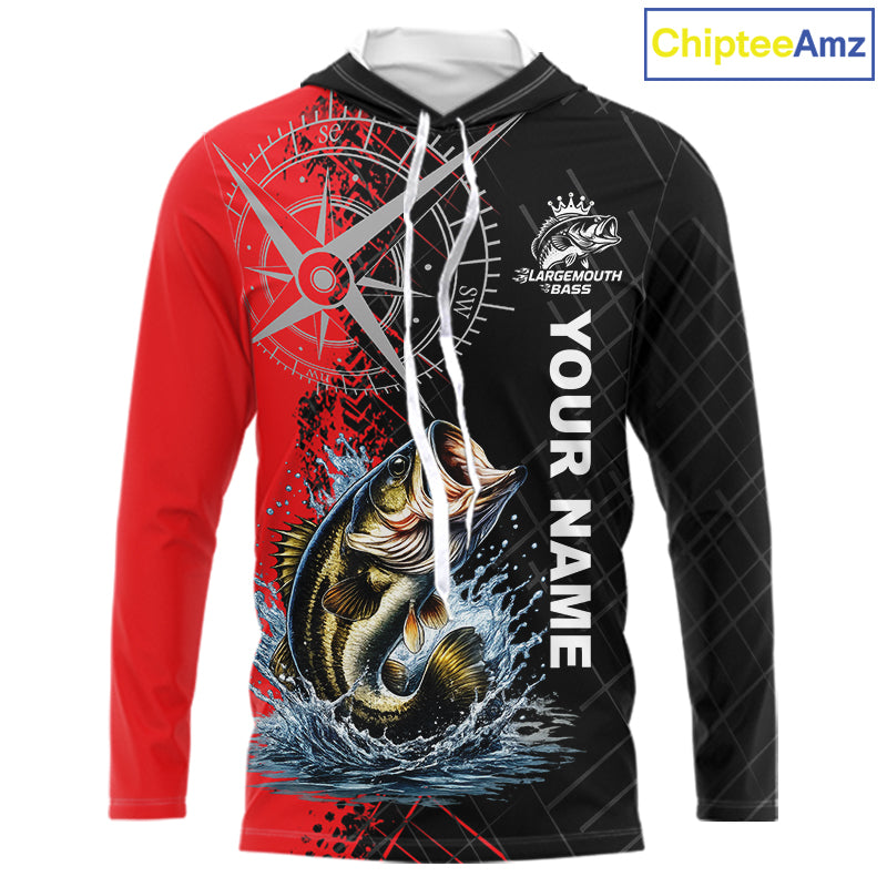Personalized Bass Hooded Performance Fishing Shirts , Red Camo Bass Compass Tournament Shirts NHT495