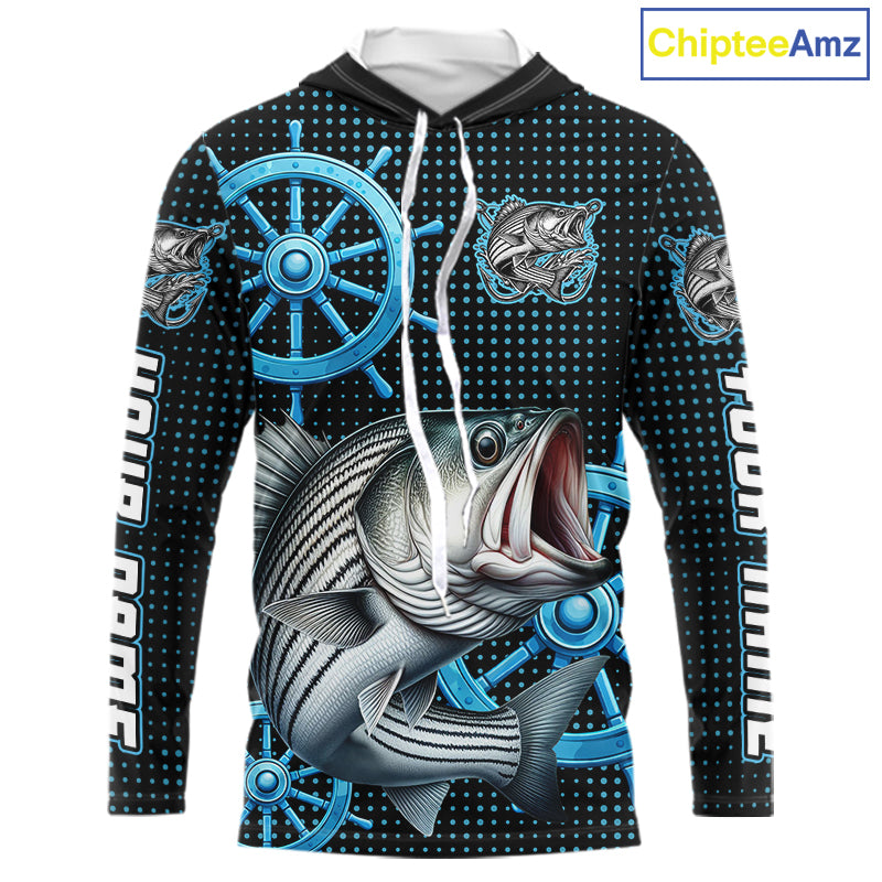Personalized Striped Bass Fishing Jerseys, Hooded Bass Performance Fishing Shirt Custom Name NHT501