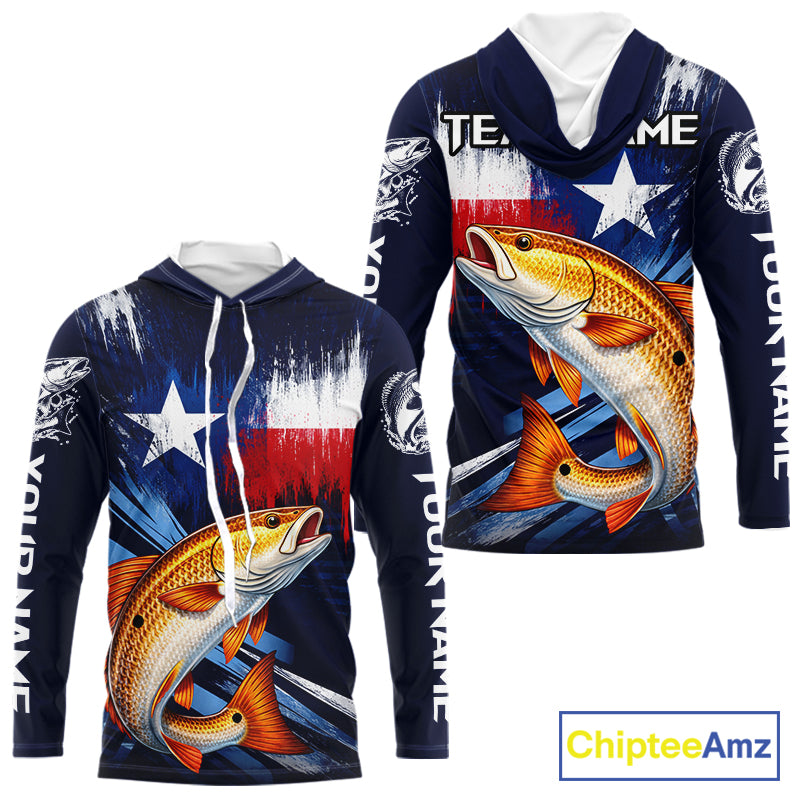 Personalized Redfish Long Sleeve Performance Fishing Shirts, Hooded Redfish Custom Texas Fishing Jersey NHT503