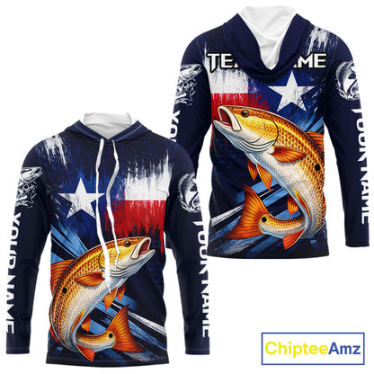 Personalized Redfish Long Sleeve Performance Fishing Shirts, Hooded Redfish Custom Texas Fishing Jersey NHT503