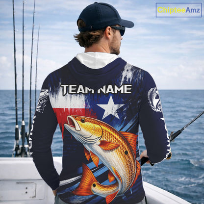 Personalized Redfish Long Sleeve Performance Fishing Shirts, Hooded Redfish Custom Texas Fishing Jersey NHT503