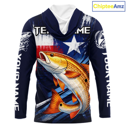 Personalized Redfish Long Sleeve Performance Fishing Shirts, Hooded Redfish Custom Texas Fishing Jersey NHT503