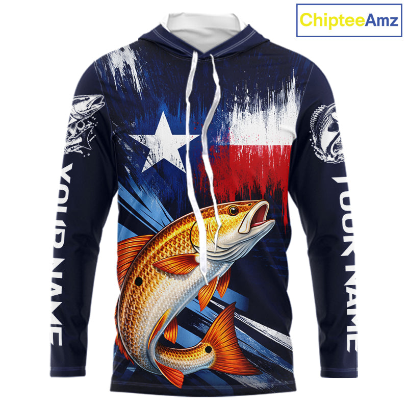 Personalized Redfish Long Sleeve Performance Fishing Shirts, Hooded Redfish Custom Texas Fishing Jersey NHT503