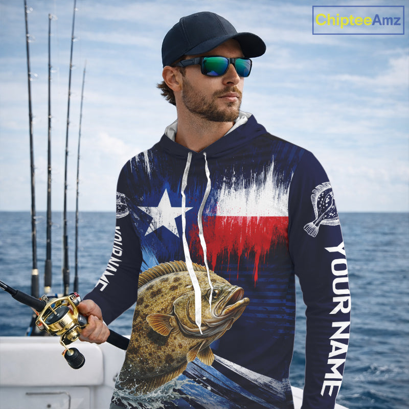 Personalized Flounder Long Sleeve Performance Fishing Shirts, Hooded Flounder Custom Texas Fishing Jersey NHT504