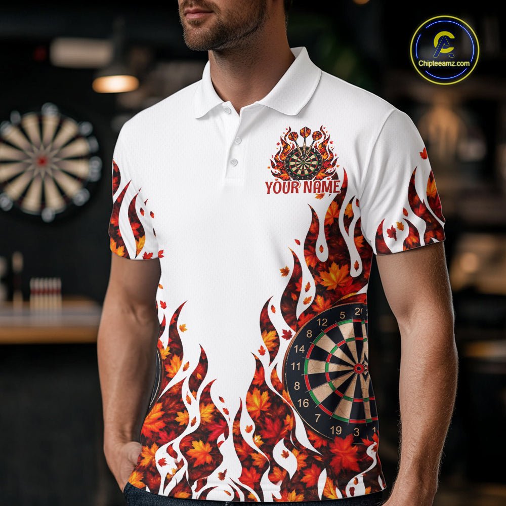White Flame Autumn Men Darts Polo Shirt Personalized Quarter Zip Fall Leaves Team Jersey NHT1807