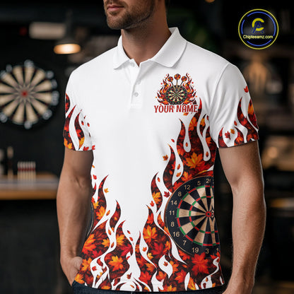 White Flame Autumn Men Darts Polo Shirt Personalized Quarter Zip Fall Leaves Team Jersey NHT1807