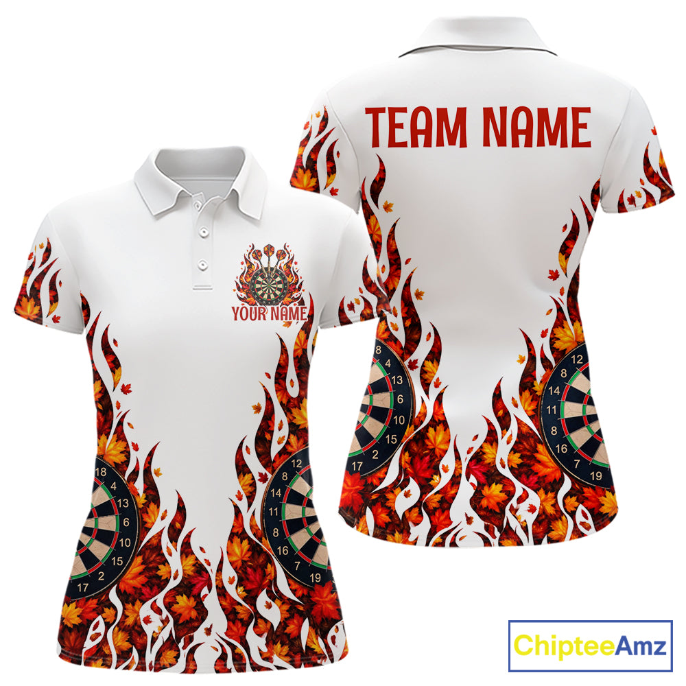 White Flame Autumn Women Darts Polo Shirt Personalized Quarter Zip Fall Leaves Team Jersey NHT1807