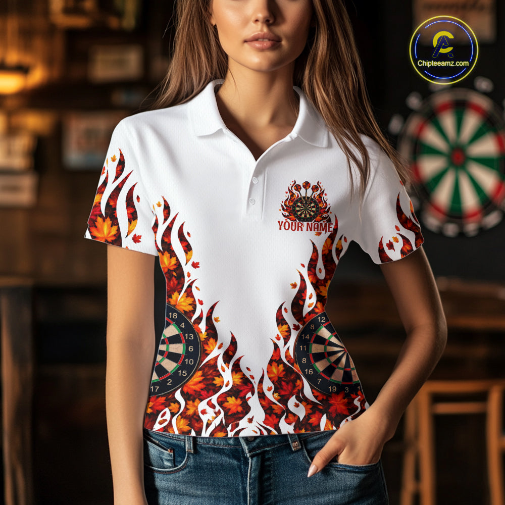 White Flame Autumn Women Darts Polo Shirt Personalized Quarter Zip Fall Leaves Team Jersey NHT1807