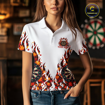White Flame Autumn Women Darts Polo Shirt Personalized Quarter Zip Fall Leaves Team Jersey NHT1807