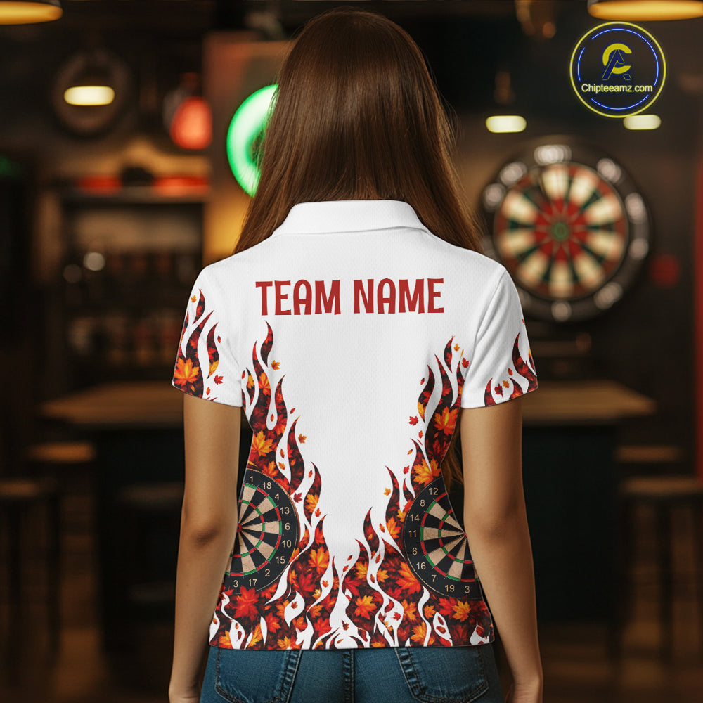 White Flame Autumn Women Darts Polo Shirt Personalized Quarter Zip Fall Leaves Team Jersey NHT1807