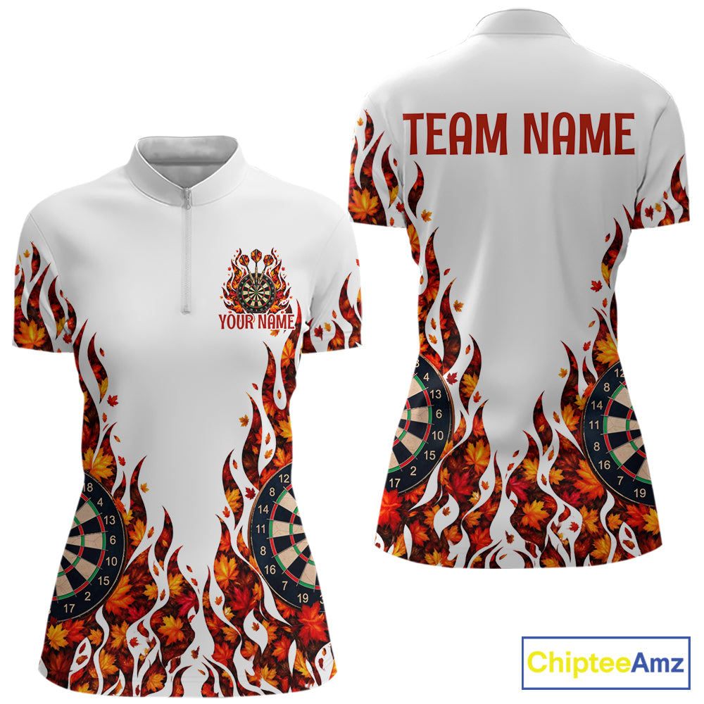 White Flame Autumn Women Darts Polo Shirt Personalized Quarter Zip Fall Leaves Team Jersey NHT1807