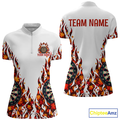 White Flame Autumn Women Darts Polo Shirt Personalized Quarter Zip Fall Leaves Team Jersey NHT1807