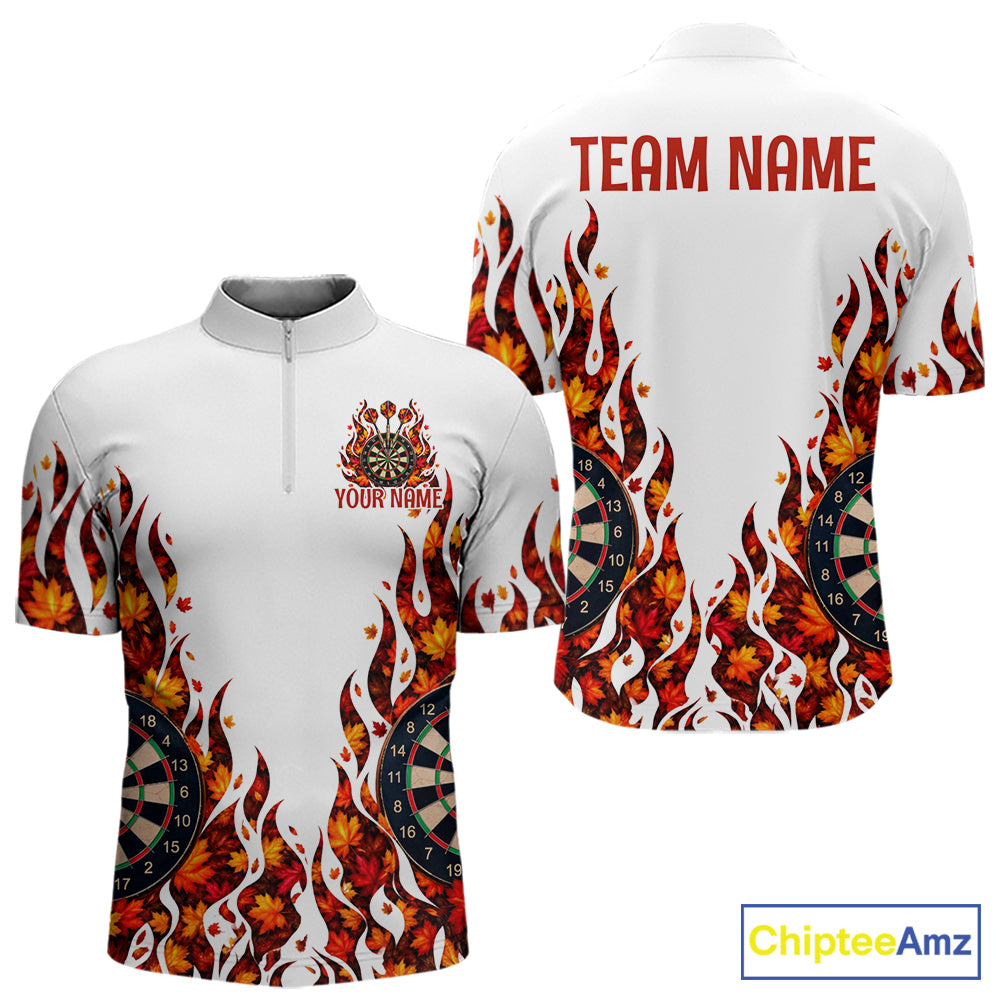 White Flame Autumn Men Darts Polo Shirt Personalized Quarter Zip Fall Leaves Team Jersey NHT1807