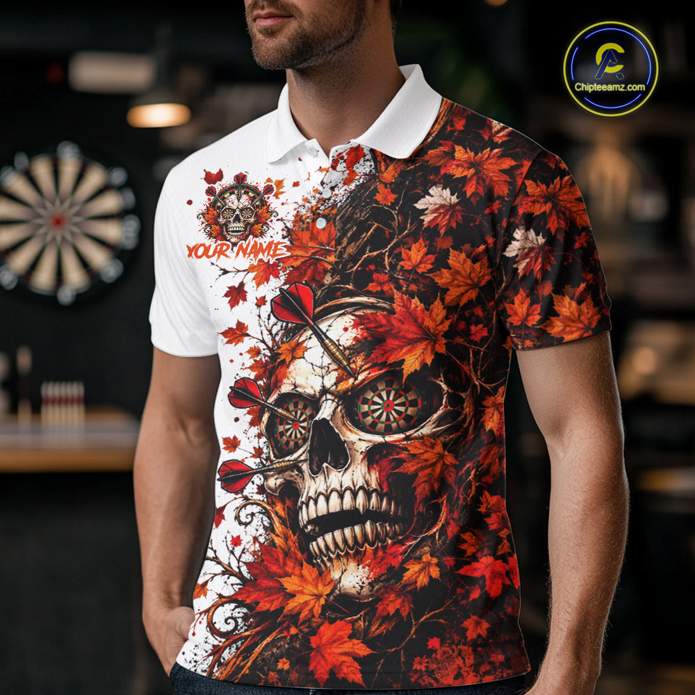 Darts Dartboard Skull Men Polo Shirt Custom 1/4 Zipper White Autumn Sports League, Dart Gift NHT1811