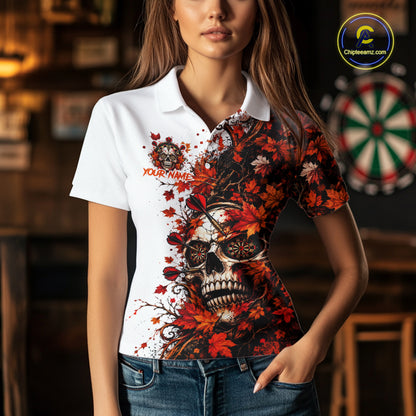 Darts Dartboard Skull Women Polo Shirt Custom 1/4 Zipper White Autumn Sports League, Dart Gift NHT1811