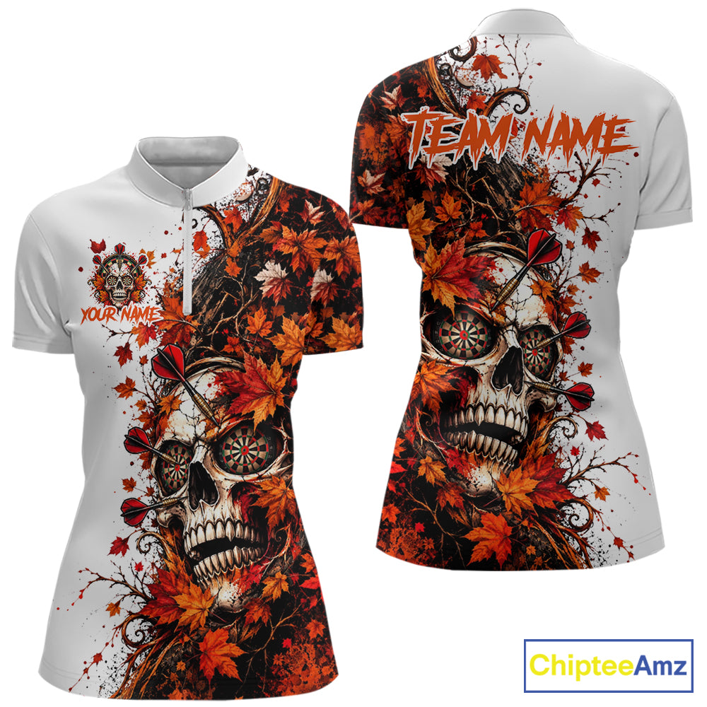Darts Dartboard Skull Women Polo Shirt Custom 1/4 Zipper White Autumn Sports League, Dart Gift NHT1811