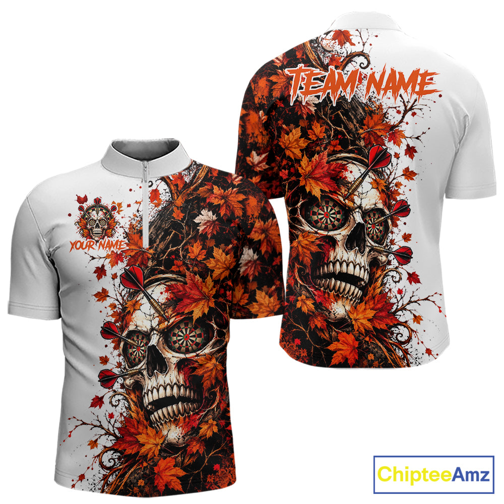 Darts Dartboard Skull Men Polo Shirt Custom 1/4 Zipper White Autumn Sports League, Dart Gift NHT1811