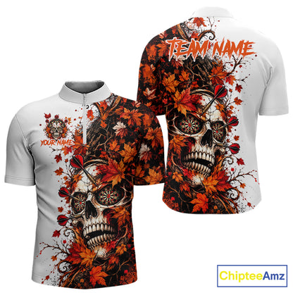 Darts Dartboard Skull Men Polo Shirt Custom 1/4 Zipper White Autumn Sports League, Dart Gift NHT1811