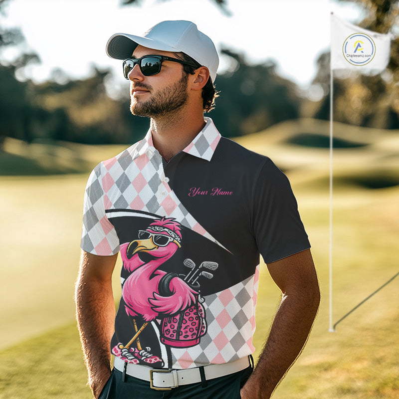 Funny Pink Flamingo Pattern Argyle Golf Polo Shirt For Men, Custom Flamingo Golf Shirt For Team NHT652