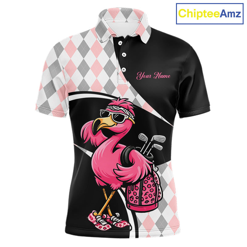 Funny Pink Flamingo Pattern Argyle Golf Polo Shirt For Men, Custom Flamingo Golf Shirt For Team NHT652