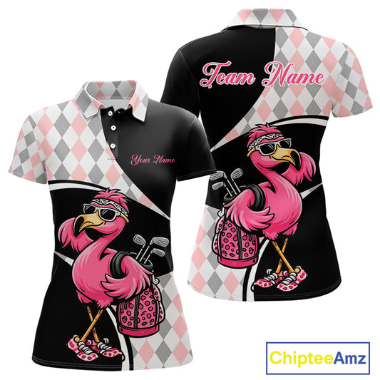 Funny Pink Flamingo Pattern Argyle Golf Polo Shirt For Womens, Custom Flamingo Golf Shirt For Team NHT652