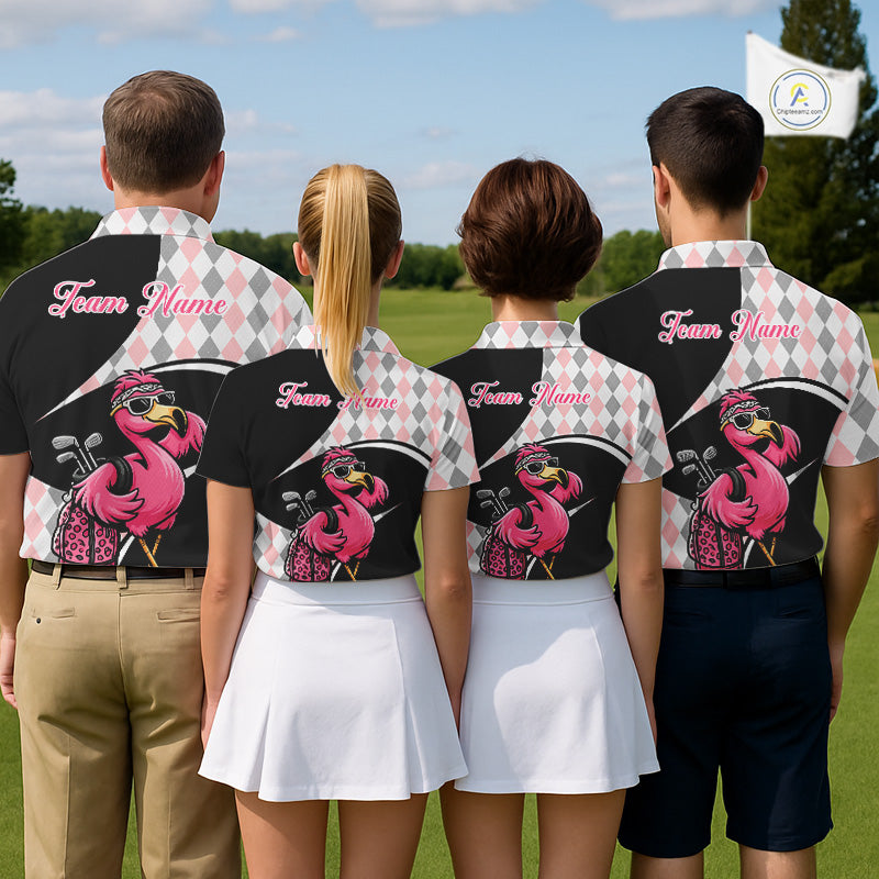 Funny Pink Flamingo Pattern Argyle Golf Polo Shirt For Womens, Custom Flamingo Golf Shirt For Team NHT652