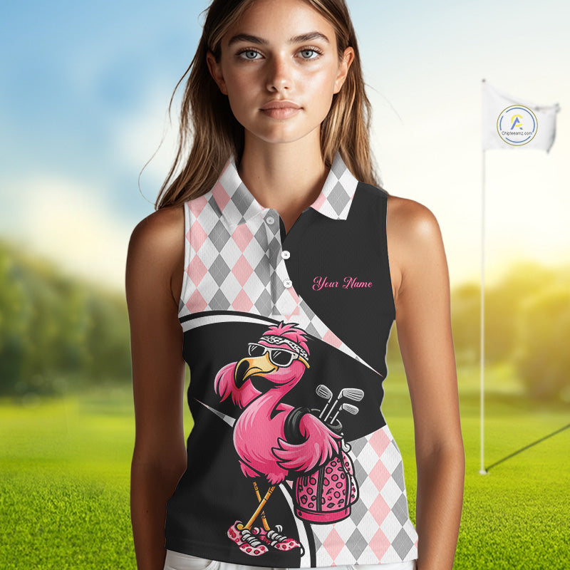 Funny Pink Flamingo Pattern Argyle Sleeveless Womens Golf Polo Shirt, Custom Flamingo Golf Shirt For Team NHT652