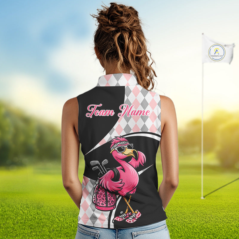 Funny Pink Flamingo Pattern Argyle Sleeveless Womens Golf Polo Shirt, Custom Flamingo Golf Shirt For Team NHT652