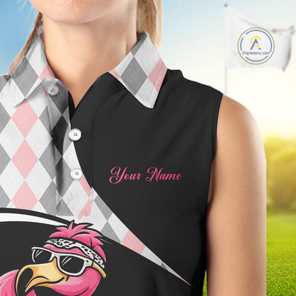 Funny Pink Flamingo Pattern Argyle Sleeveless Womens Golf Polo Shirt, Custom Flamingo Golf Shirt For Team NHT652