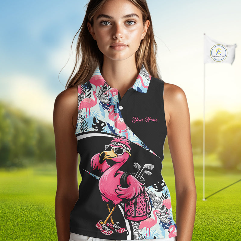 Funny Pink Flamingo Pattern Tropical Flamingo Sleeveless Womens Golf Polo Shirt, Custom Flamingo Golf Shirt For Team NHT653