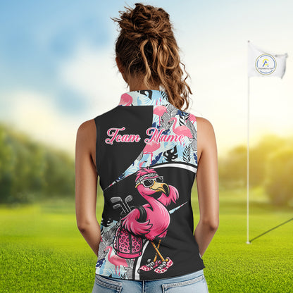 Funny Pink Flamingo Pattern Tropical Flamingo Sleeveless Womens Golf Polo Shirt, Custom Flamingo Golf Shirt For Team NHT653