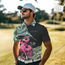 Load image into Gallery viewer, Funny Pink Flamingo Pattern Green Tropical Golf Polo Shirt For Men, Custom Flamingo Golf Shirt For Team NHT654
