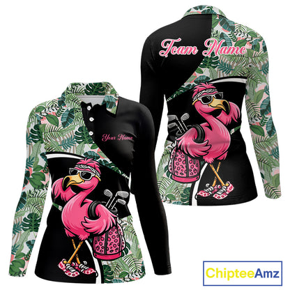 Funny Pink Flamingo Pattern Green Tropical Golf Polo Shirt For Womens, Custom Flamingo Golf Shirt For Team NHT654