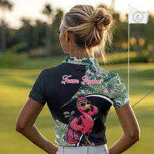 Load image into Gallery viewer, Funny Pink Flamingo Pattern Green Tropical Golf Polo Shirt For Womens, Custom Flamingo Golf Shirt For Team NHT654