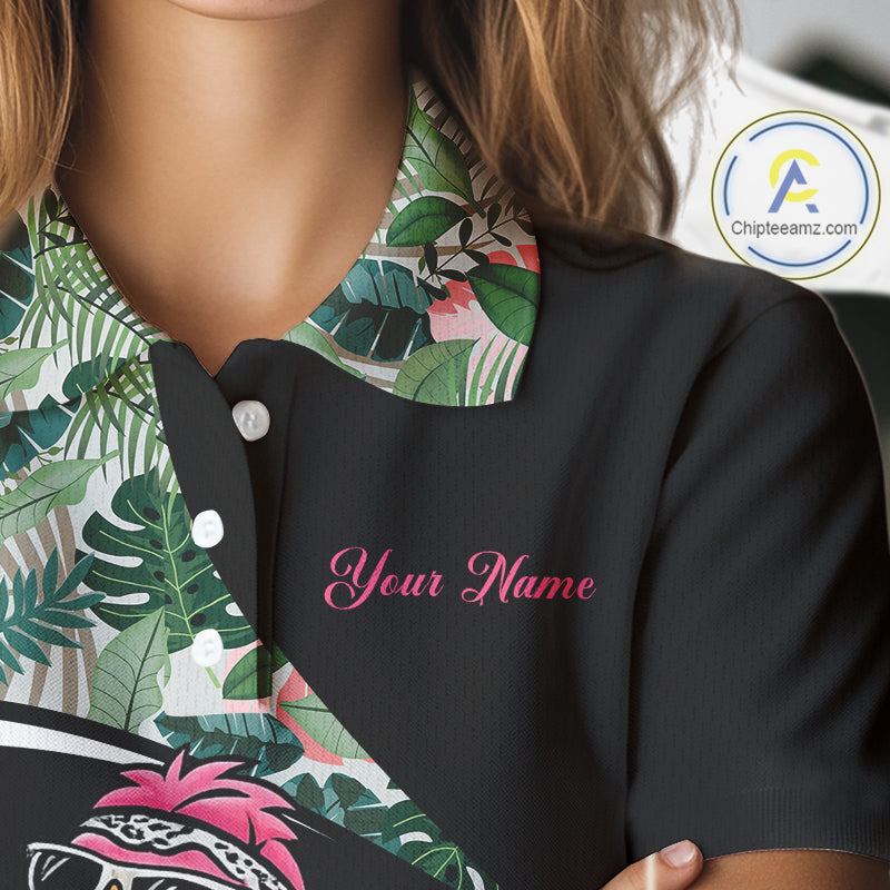 Funny Pink Flamingo Pattern Green Tropical Golf Polo Shirt For Womens, Custom Flamingo Golf Shirt For Team NHT654